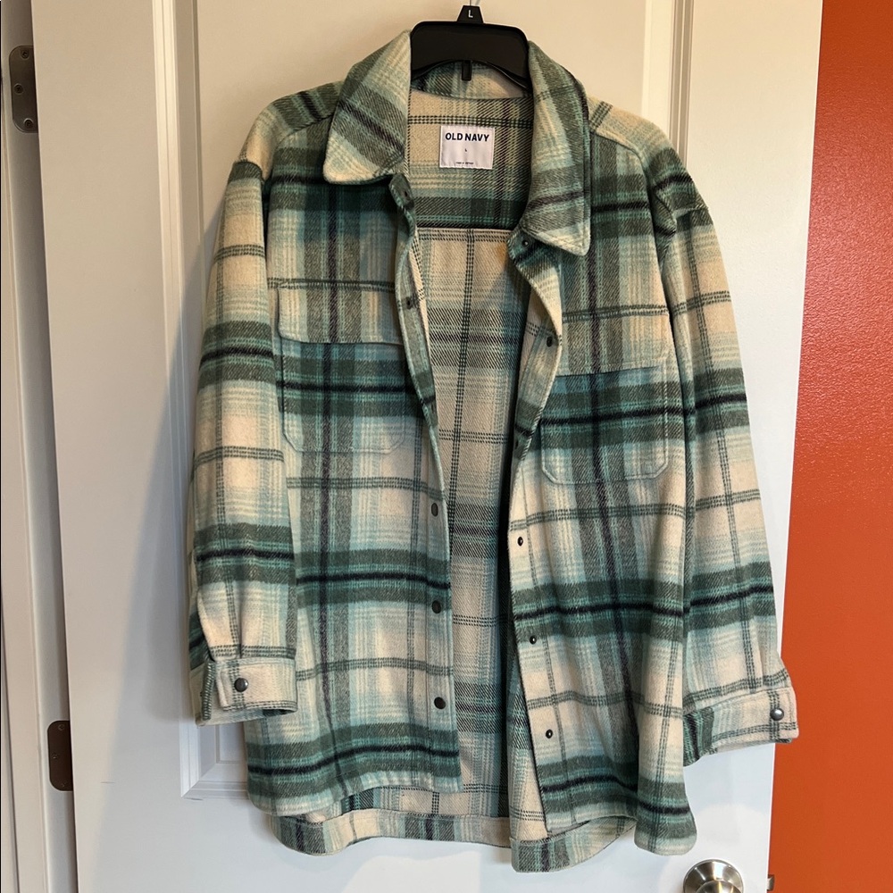 Old Navy Teal and Cream Plaid Shirt Jacket